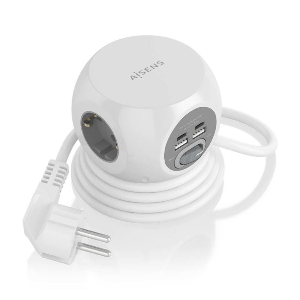 AISENS - Regleta de Enchufes Sobremesa Multifuncion con 3 Tomas + 2xUSB-C, 2xUSB-A, 1.4M, Blanco