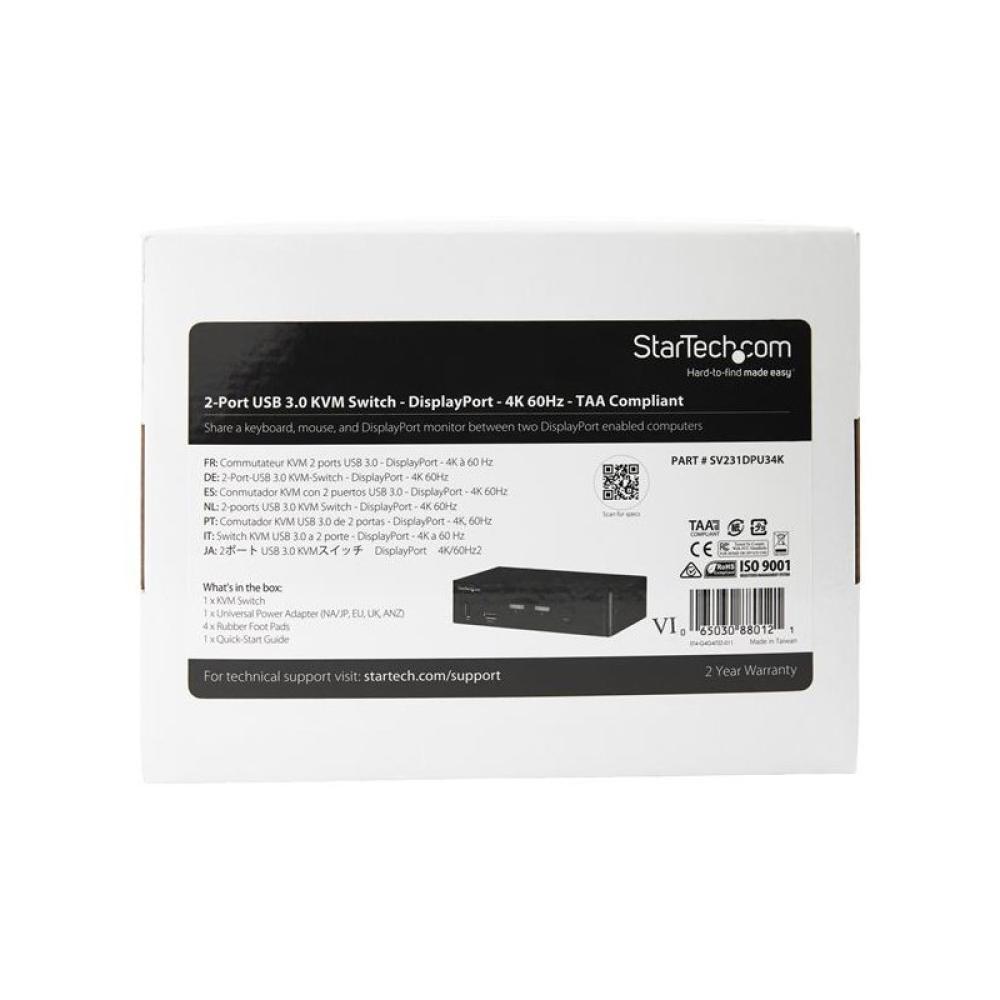 StarTech.com - Switch Conmutador KVM de 2 Puertos DisplayPort - 4K a 60Hz - para Una Pantalla - Switch KVM de 2 Puertos DP 1.2 U