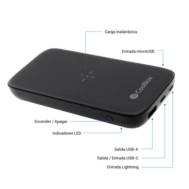 CoolBox - POWERBANK QI INALAMBRICO/USB-A/USB-C/MICROUSB/LIGHTING 10.000MAH NEGRO