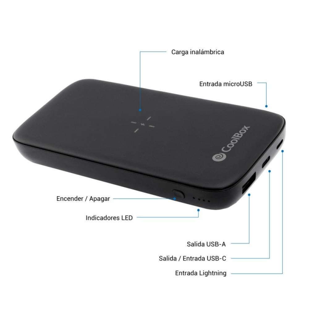 CoolBox - POWERBANK QI INALAMBRICO/USB-A/USB-C/MICROUSB/LIGHTING 10.000MAH NEGRO