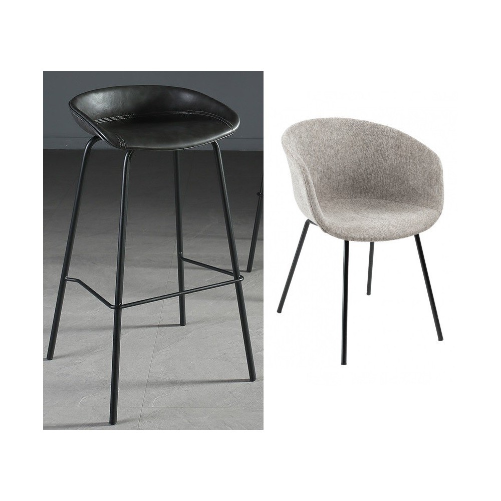 Taburete KIEL, metal, tapizado tejido gris claro