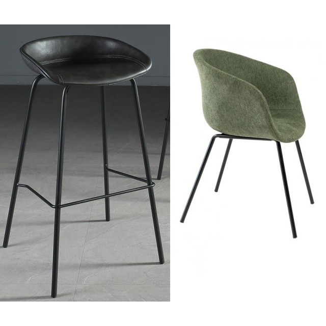 Taburete KIEL, metal, tapizado tejido verde