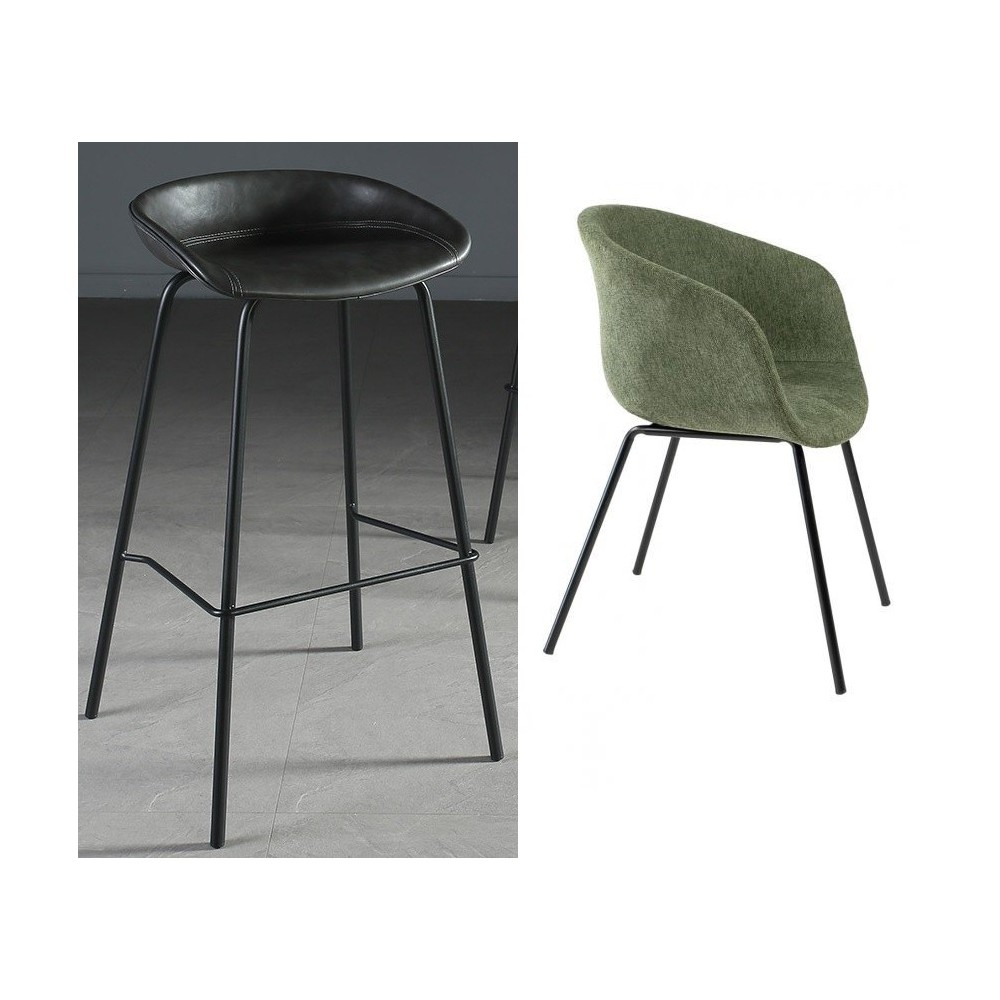 Taburete KIEL, metal, tapizado tejido verde