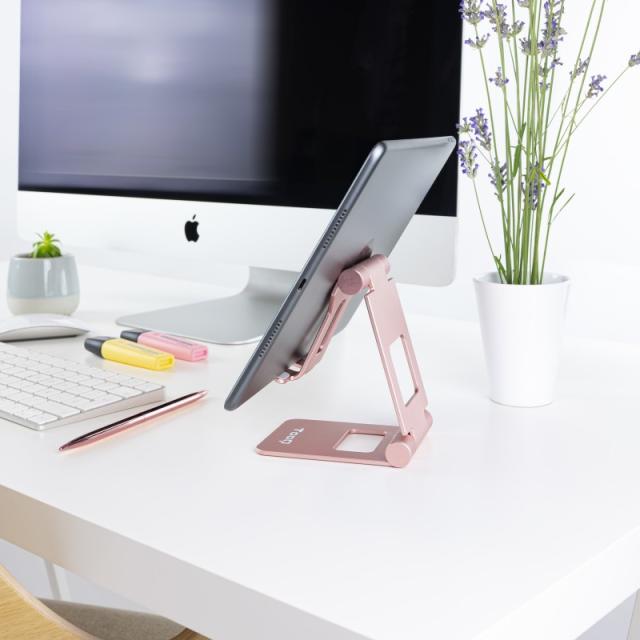 TooQ - Soporte de sobremesa ajustable para teléfono / tablet hasta 10”, Rosa Velvet