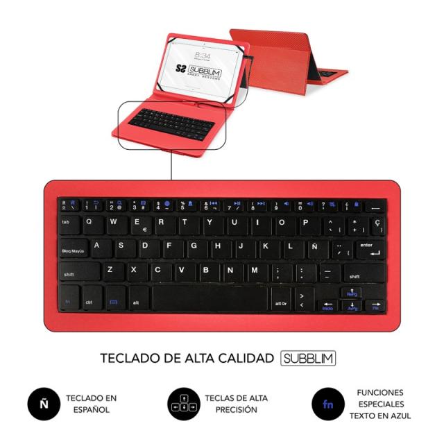 SUBBLIM - Funda con Teclado Micro USB - USB C KEYTAB PRO USB 10,1" Red