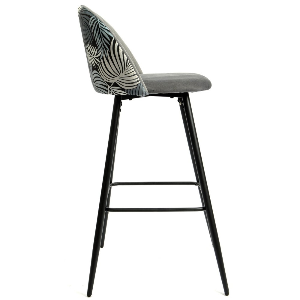 Taburete FLORAL, metal, tapizado velvet gris con trasera floral a juego