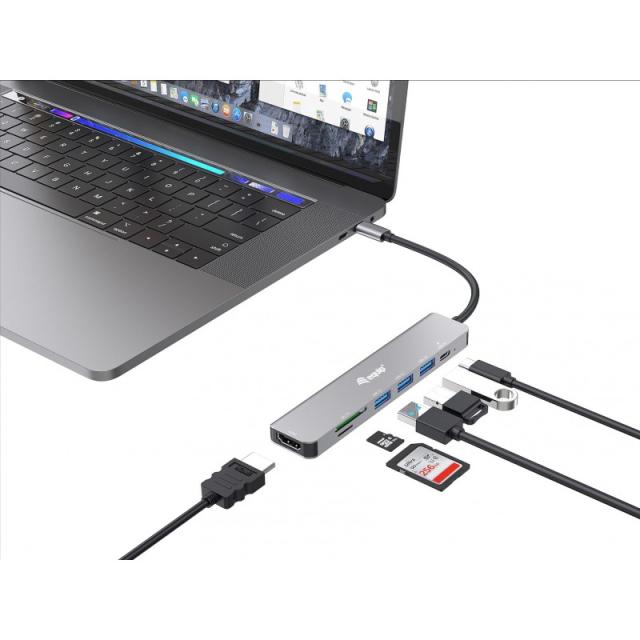 Equip - 133494 Adaptador multifunción USB-C 7 en 1, HDMI 4K/60Hz, USB 3.2 Gen1 x 3 , TF/MICRO SD, 100W USB PD