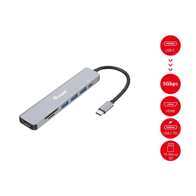 Equip - 133494 Adaptador multifunción USB-C 7 en 1, HDMI 4K/60Hz, USB 3.2 Gen1 x 3 , TF/MICRO SD, 100W USB PD