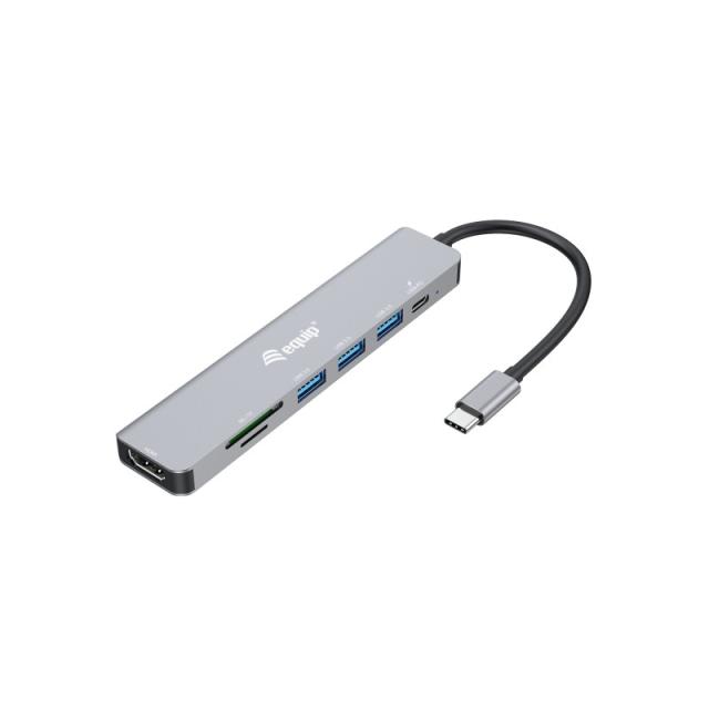Equip - 133494 Adaptador multifunción USB-C 7 en 1, HDMI 4K/60Hz, USB 3.2 Gen1 x 3 , TF/MICRO SD, 100W USB PD