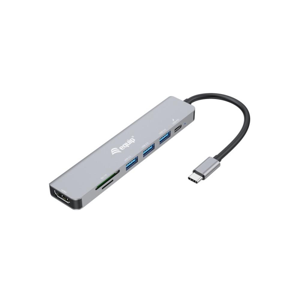Equip - 133494 Adaptador multifunción USB-C 7 en 1, HDMI 4K/60Hz, USB 3.2 Gen1 x 3 , TF/MICRO SD, 100W USB PD