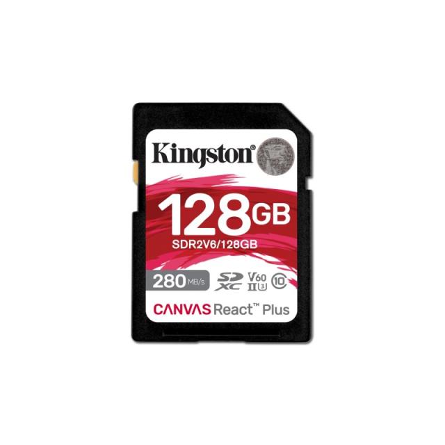 Kingston Technology - 128GB Canvas React Plus SDXC UHS-II 280R/100W U3 V60 for Full HD/4K
