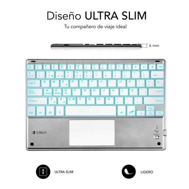 SUBBLIM - Teclado Bluetooth Smart Backlit BT Keyboard Touchpad Silver