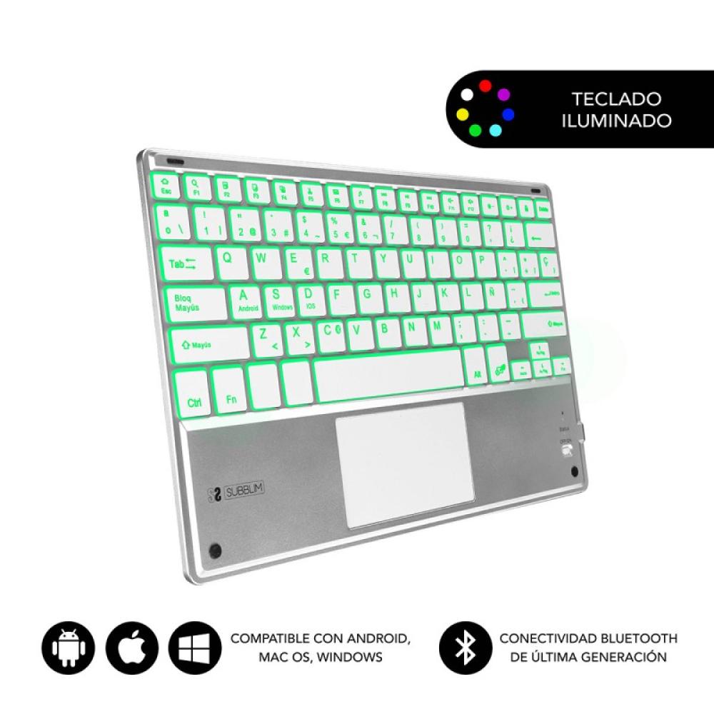 SUBBLIM - Teclado Bluetooth Smart Backlit BT Keyboard Touchpad Silver