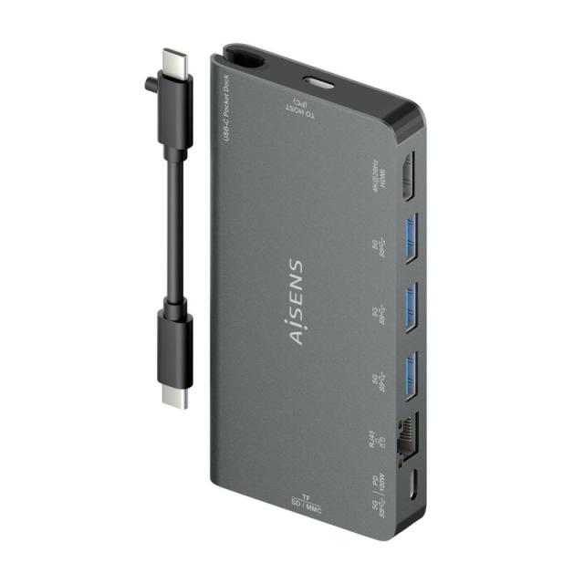 AISENS - USB-C Dock 8 en 1, USB-C a 1xHDMI, 1xRJ45, 3xUSB-A, 1xUSB-C Datos+PD, 1xSD, 1xMicro SD, Gris, 10 cm
