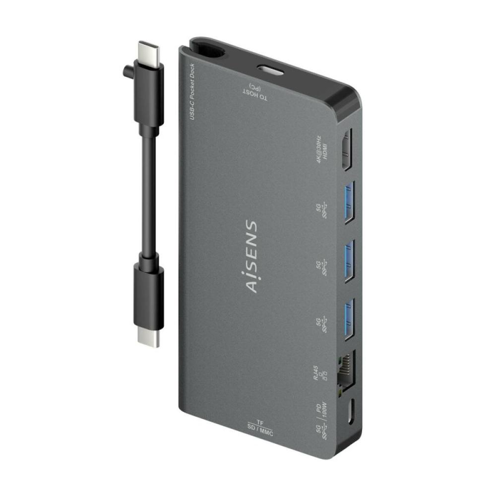 AISENS - USB-C Dock 8 en 1, USB-C a 1xHDMI, 1xRJ45, 3xUSB-A, 1xUSB-C Datos+PD, 1xSD, 1xMicro SD, Gris, 10 cm