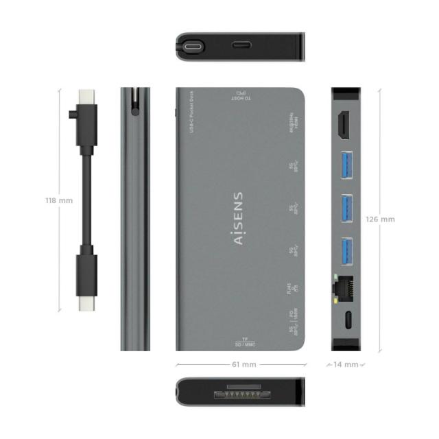 AISENS - USB-C Dock 8 en 1, USB-C a 1xHDMI, 1xRJ45, 3xUSB-A, 1xUSB-C Datos+PD, 1xSD, 1xMicro SD, Gris, 10 cm