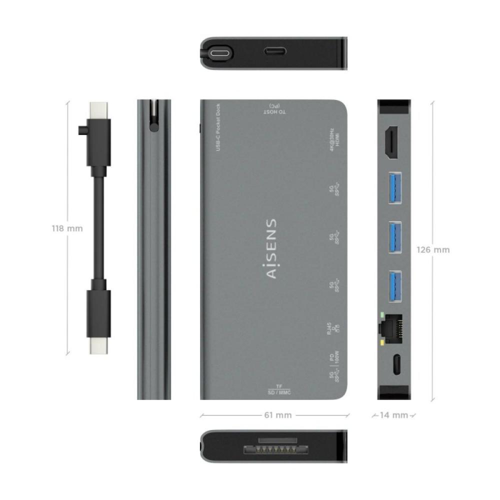 AISENS - USB-C Dock 8 en 1, USB-C a 1xHDMI, 1xRJ45, 3xUSB-A, 1xUSB-C Datos+PD, 1xSD, 1xMicro SD, Gris, 10 cm