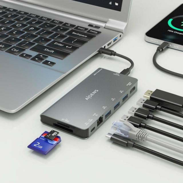 AISENS - USB-C Dock 8 en 1, USB-C a 1xHDMI, 1xRJ45, 3xUSB-A, 1xUSB-C Datos+PD, 1xSD, 1xMicro SD, Gris, 10 cm