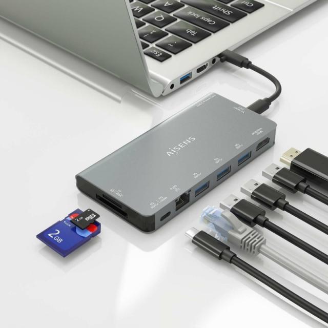 AISENS - USB-C Dock 8 en 1, USB-C a 1xHDMI, 1xRJ45, 3xUSB-A, 1xUSB-C Datos+PD, 1xSD, 1xMicro SD, Gris, 10 cm
