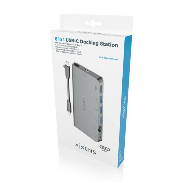 AISENS - USB-C Dock 8 en 1, USB-C a 1xHDMI, 1xRJ45, 3xUSB-A, 1xUSB-C Datos+PD, 1xSD, 1xMicro SD, Gris, 10 cm