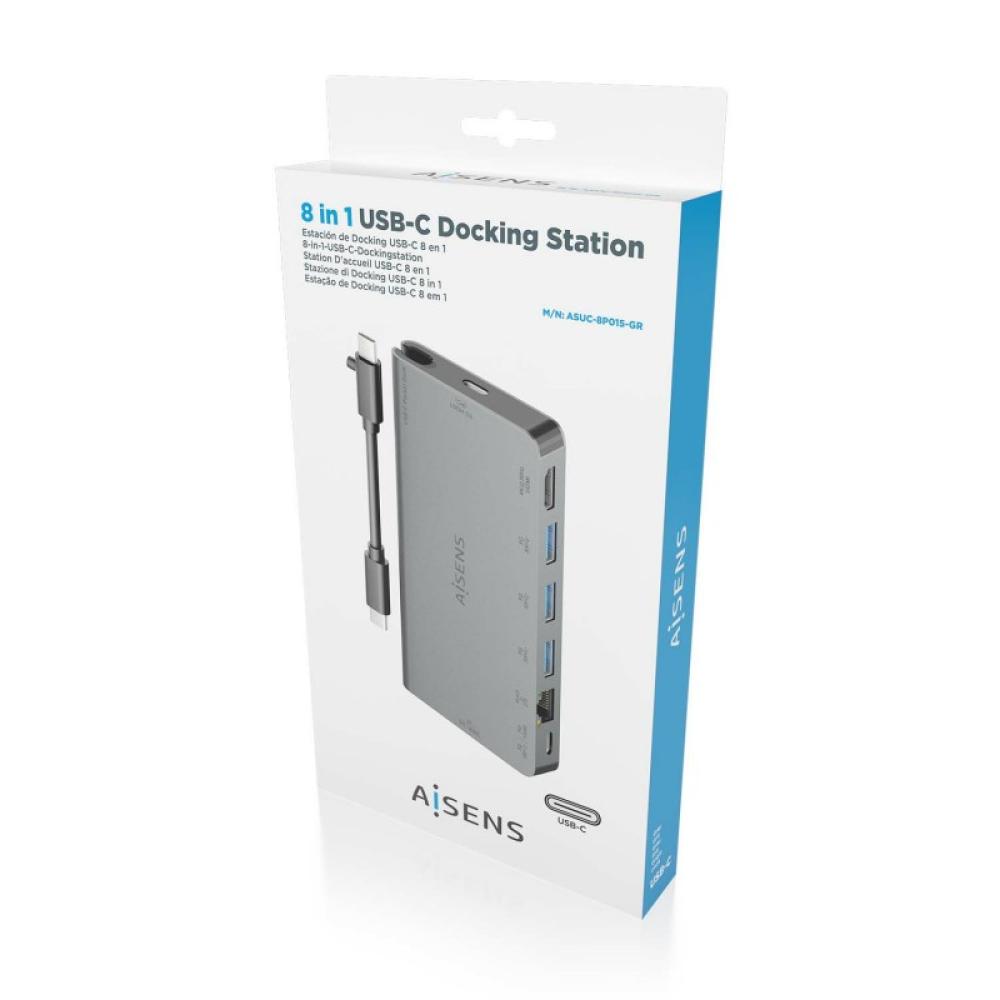 AISENS - USB-C Dock 8 en 1, USB-C a 1xHDMI, 1xRJ45, 3xUSB-A, 1xUSB-C Datos+PD, 1xSD, 1xMicro SD, Gris, 10 cm
