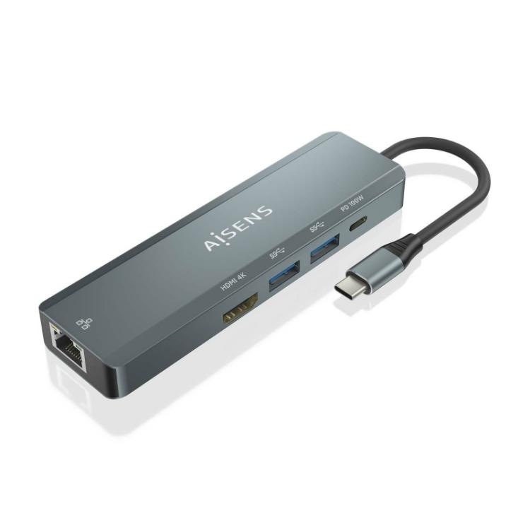 AISENS - USB-C Dock 5 en 1, USB-C a 1xHDMI, 1xRJ45, 2xUSB, 1xPD, Gris, 15 cm - ASUC-5P011-GR