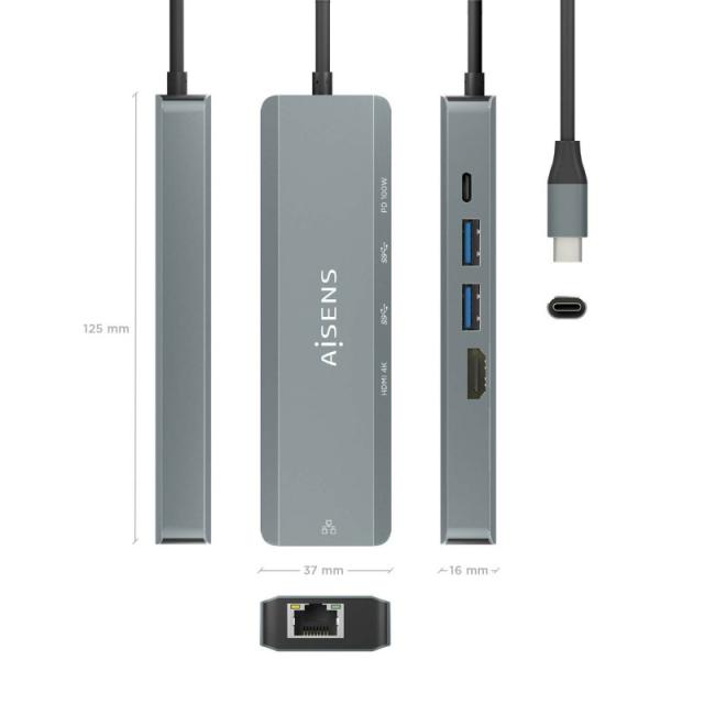 AISENS - USB-C Dock 5 en 1, USB-C a 1xHDMI, 1xRJ45, 2xUSB, 1xPD, Gris, 15 cm - ASUC-5P011-GR