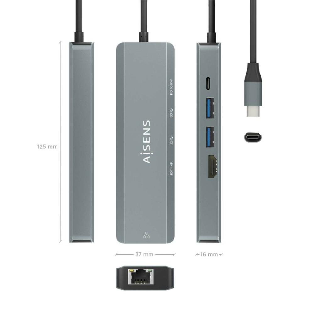 AISENS - USB-C Dock 5 en 1, USB-C a 1xHDMI, 1xRJ45, 2xUSB, 1xPD, Gris, 15 cm - ASUC-5P011-GR
