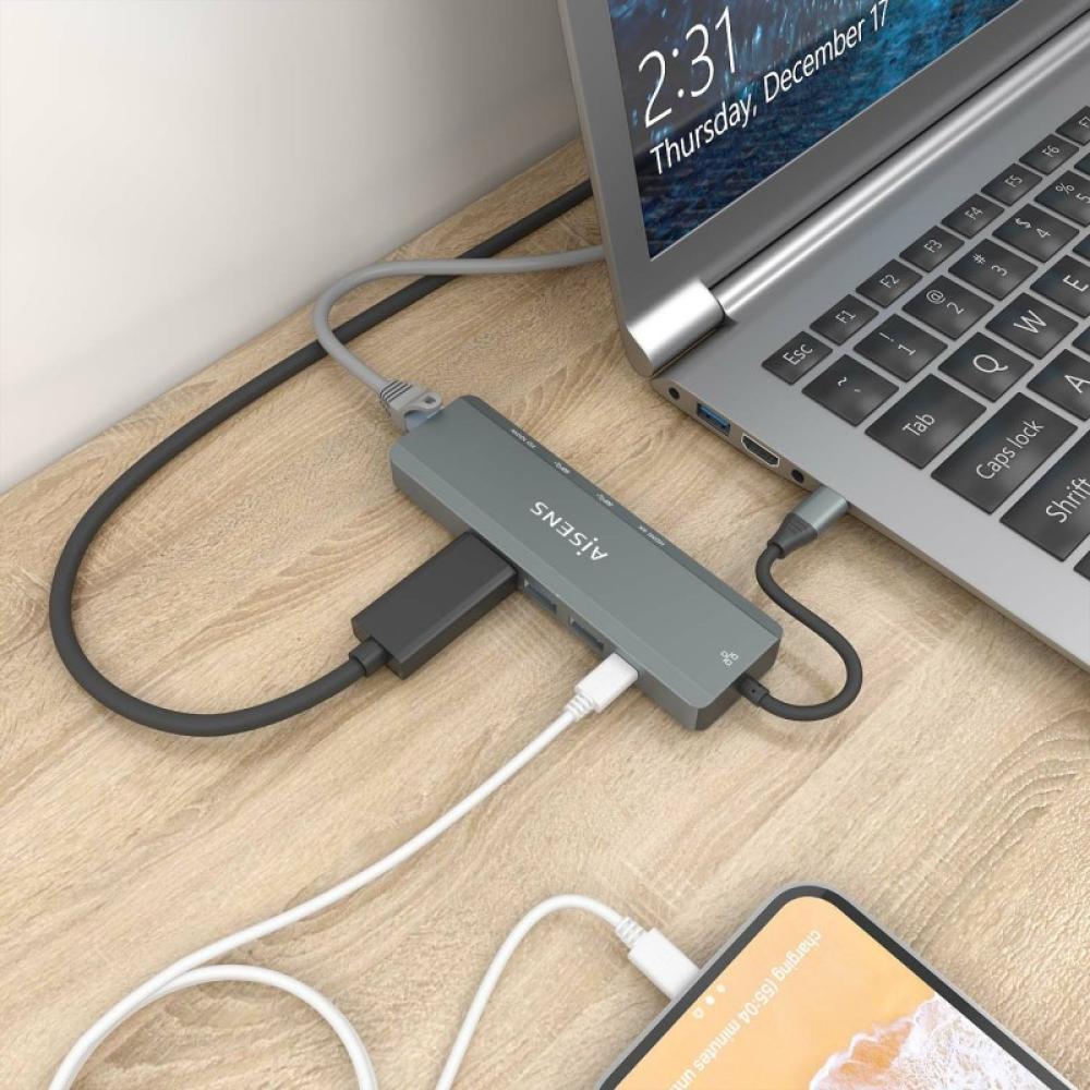 AISENS - USB-C Dock 5 en 1, USB-C a 1xHDMI, 1xRJ45, 2xUSB, 1xPD, Gris, 15 cm - ASUC-5P011-GR