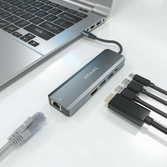 AISENS - USB-C Dock 5 en 1, USB-C a 1xHDMI, 1xRJ45, 2xUSB, 1xPD, Gris, 15 cm - ASUC-5P011-GR