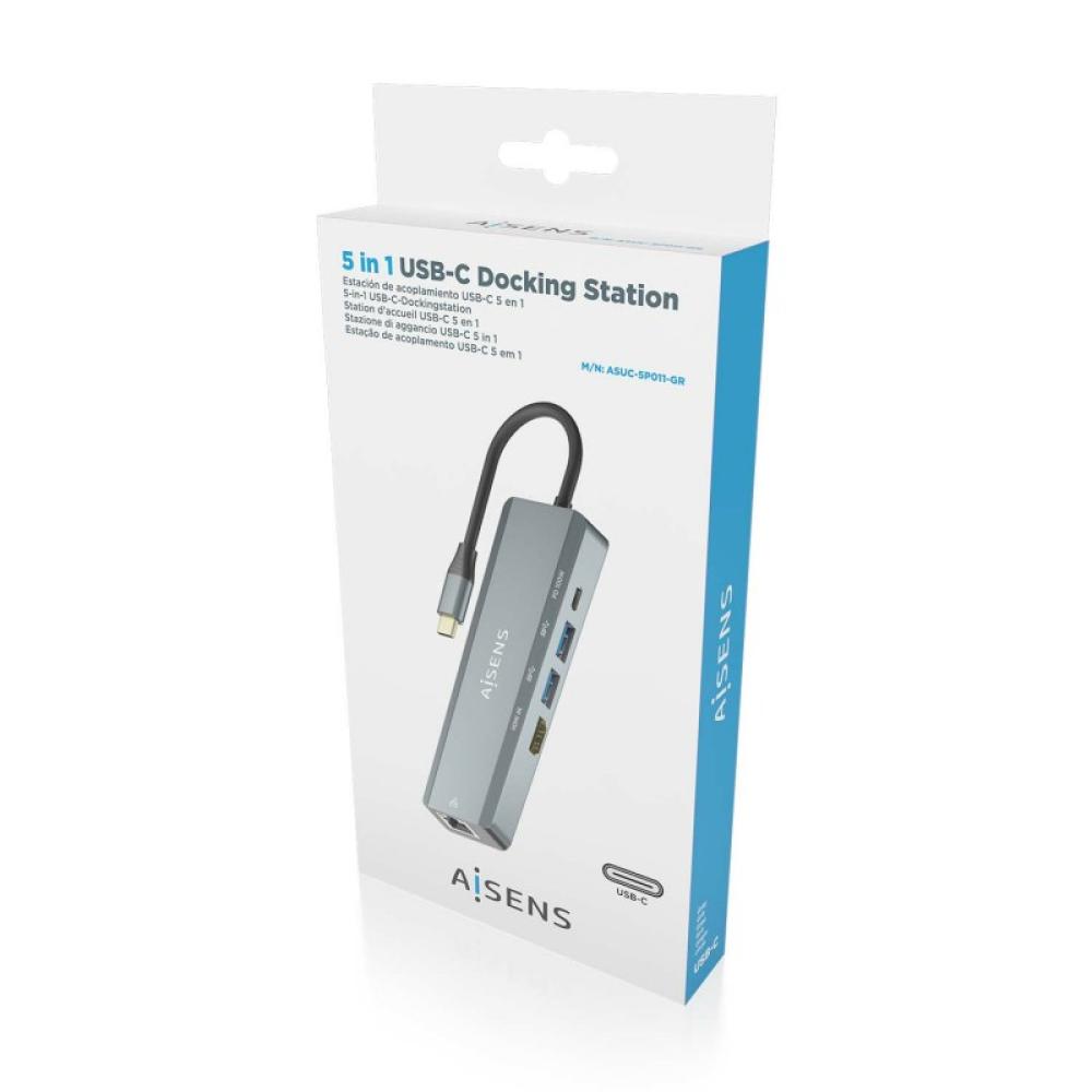 AISENS - USB-C Dock 5 en 1, USB-C a 1xHDMI, 1xRJ45, 2xUSB, 1xPD, Gris, 15 cm - ASUC-5P011-GR