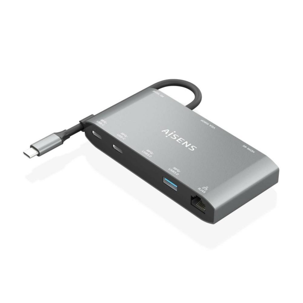 AISENS - USB-C Dock 8 en 1, USB-C a 1xHDMI, 1xVGA, 1xRJ45, 2xUSB-A, 2xUSB-C 5G, 1xUSB-C PD, Gris, 20 cm