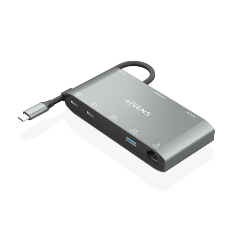 AISENS - USB-C Dock 8 en 1, USB-C a 1xHDMI, 1xVGA, 1xRJ45, 2xUSB-A, 2xUSB-C 5G, 1xUSB-C PD, Gris, 20 cm