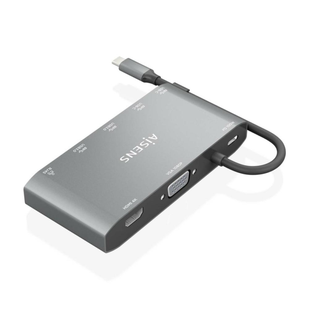 AISENS - USB-C Dock 8 en 1, USB-C a 1xHDMI, 1xVGA, 1xRJ45, 2xUSB-A, 2xUSB-C 5G, 1xUSB-C PD, Gris, 20 cm