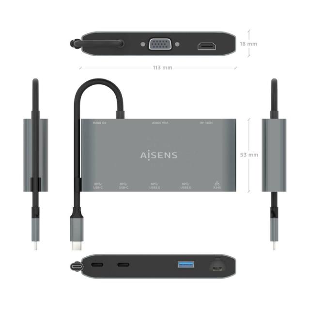 AISENS - USB-C Dock 8 en 1, USB-C a 1xHDMI, 1xVGA, 1xRJ45, 2xUSB-A, 2xUSB-C 5G, 1xUSB-C PD, Gris, 20 cm