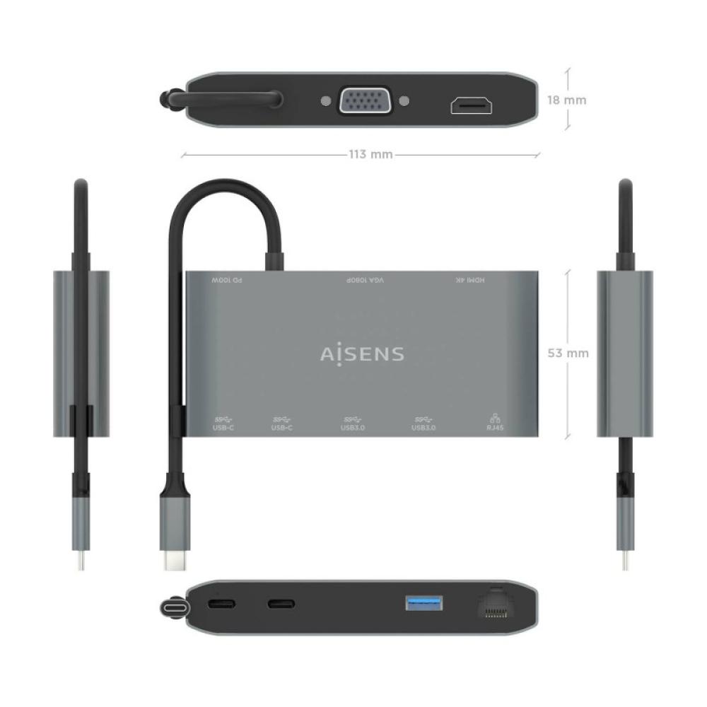 AISENS - USB-C Dock 8 en 1, USB-C a 1xHDMI, 1xVGA, 1xRJ45, 2xUSB-A, 2xUSB-C 5G, 1xUSB-C PD, Gris, 20 cm