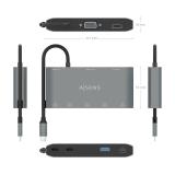 AISENS - USB-C Dock 8 en 1, USB-C a 1xHDMI, 1xVGA, 1xRJ45, 2xUSB-A, 2xUSB-C 5G, 1xUSB-C PD, Gris, 20 cm
