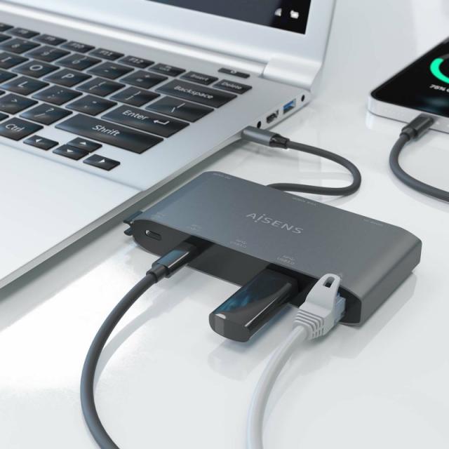 AISENS - USB-C Dock 8 en 1, USB-C a 1xHDMI, 1xVGA, 1xRJ45, 2xUSB-A, 2xUSB-C 5G, 1xUSB-C PD, Gris, 20 cm