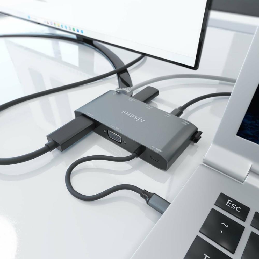AISENS - USB-C Dock 8 en 1, USB-C a 1xHDMI, 1xVGA, 1xRJ45, 2xUSB-A, 2xUSB-C 5G, 1xUSB-C PD, Gris, 20 cm