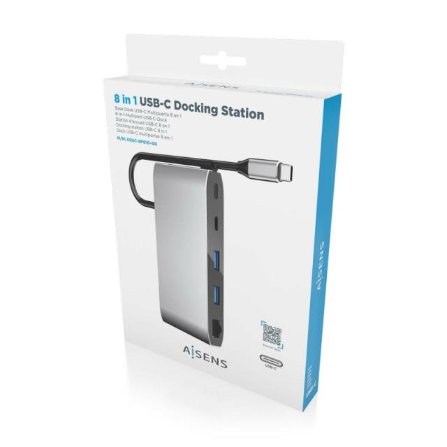 AISENS - USB-C Dock 8 en 1, USB-C a 1xHDMI, 1xVGA, 1xRJ45, 2xUSB-A, 2xUSB-C 5G, 1xUSB-C PD, Gris, 20 cm