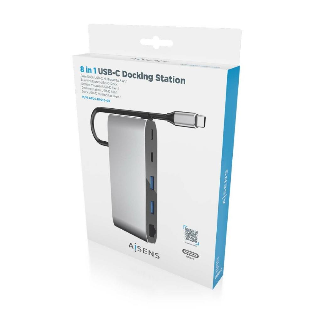 AISENS - USB-C Dock 8 en 1, USB-C a 1xHDMI, 1xVGA, 1xRJ45, 2xUSB-A, 2xUSB-C 5G, 1xUSB-C PD, Gris, 20 cm