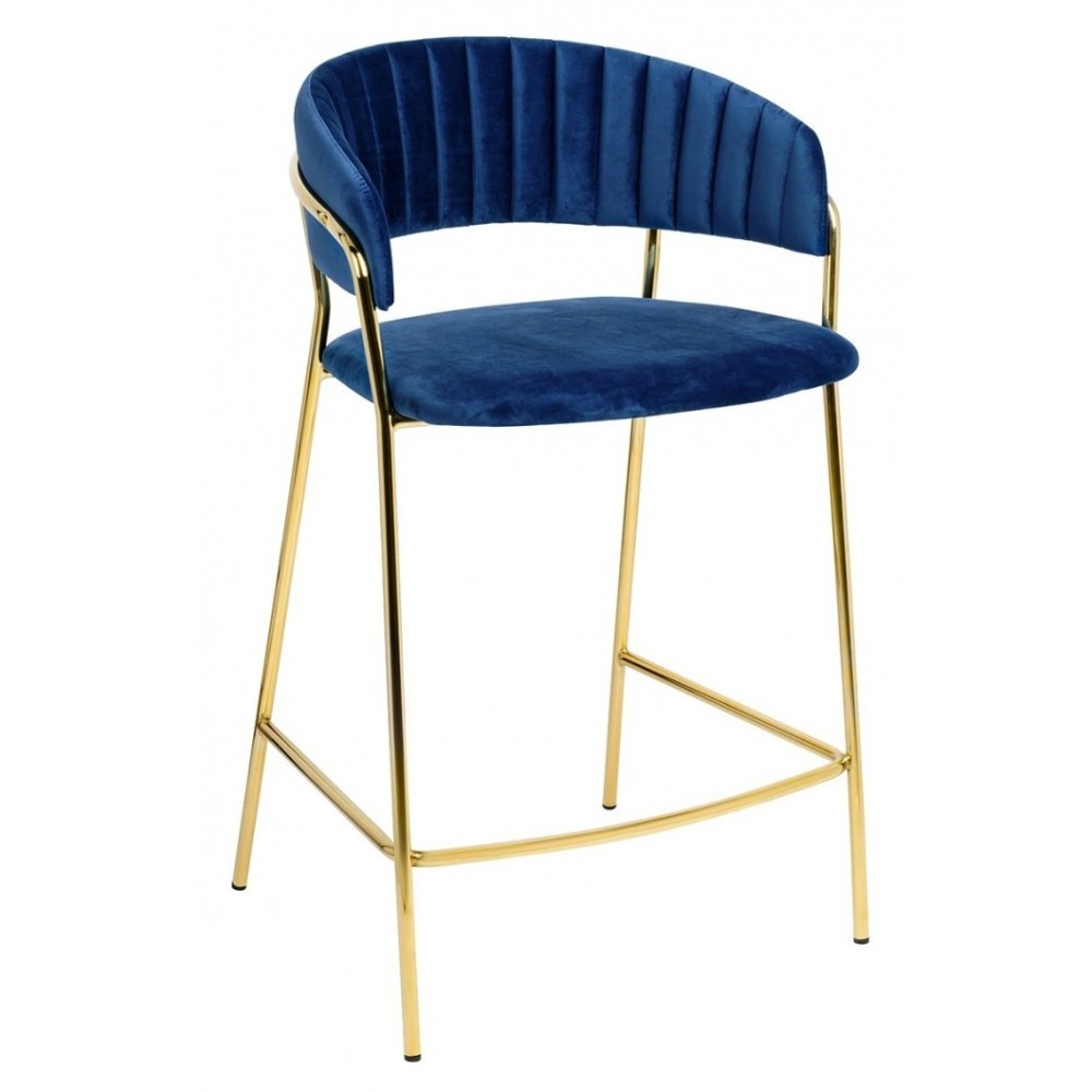 Taburete KEFREN, metal, cromado dorado, tapizado velvet azul
