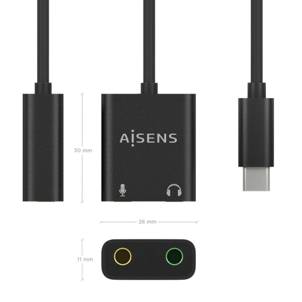 AISENS - Conversor USB-C a Audio 48KHz, USB-C/M-2xJack 3.5/H, Negro, 10 cm