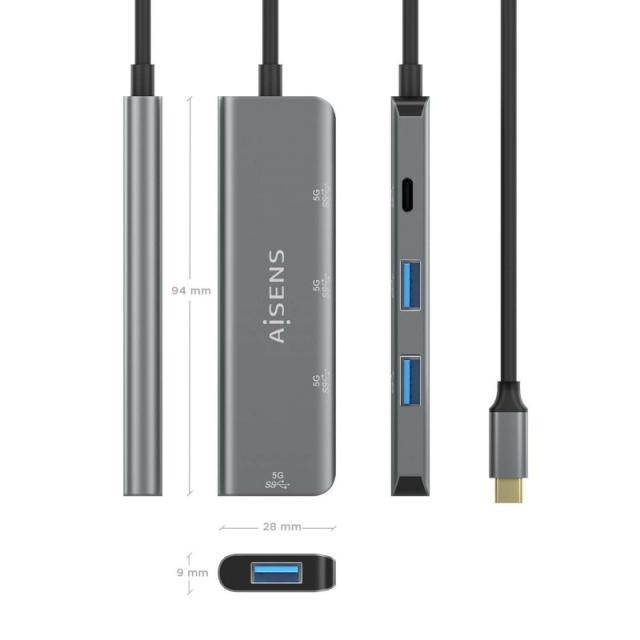 AISENS - Hub USB 3.2 Gen1 5G USB-C, USB-C/M-1xUSB-C/H-3xUSB-A/H, Gris, 15 cm