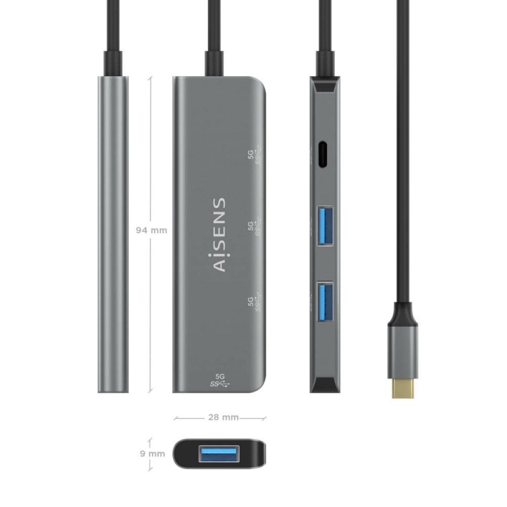 AISENS - Hub USB 3.2 Gen1 5G USB-C, USB-C/M-1xUSB-C/H-3xUSB-A/H, Gris, 15 cm