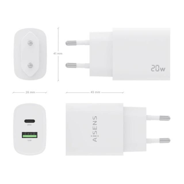 AISENS - Cargador 20W, 1xUSB-C PD3.0, 1xUSB-A QC3.0, Blanco - A110-0754