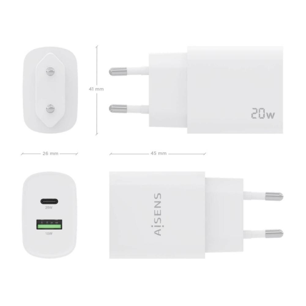 AISENS - Cargador 20W, 1xUSB-C PD3.0, 1xUSB-A QC3.0, Blanco - A110-0754