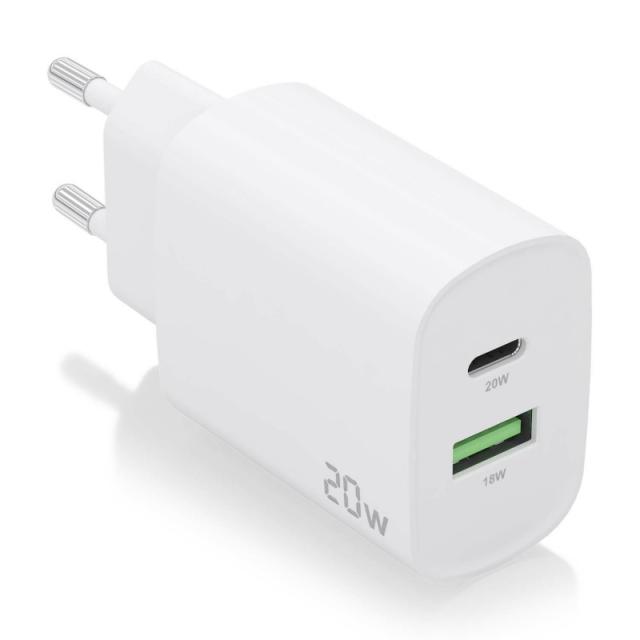 AISENS - Cargador 20W, 1xUSB-C PD3.0, 1xUSB-A QC3.0, Blanco - A110-0754