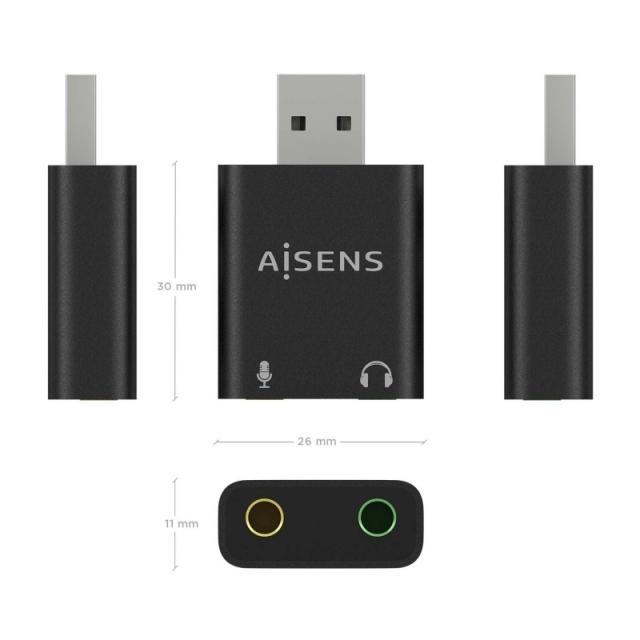 AISENS - Conversor USB-A a Audio 48KHz, USB-A/M-2xJack 3.5/H, Negro