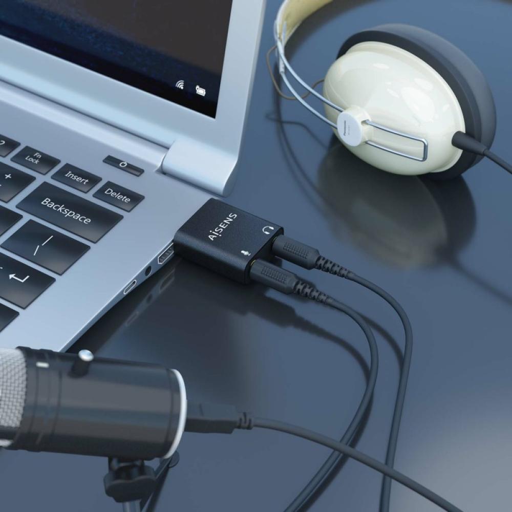 AISENS - Conversor USB-A a Audio 48KHz, USB-A/M-2xJack 3.5/H, Negro